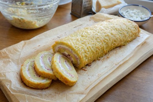 Baked potato pancake roll with ham and cheese