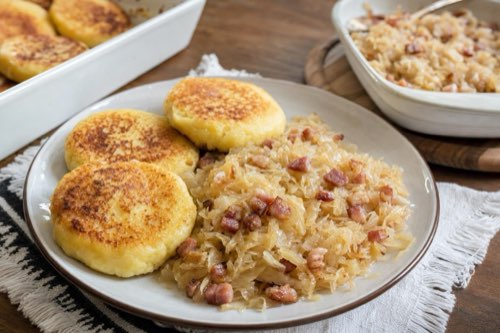 Potato patties with sauerkraut and bacon