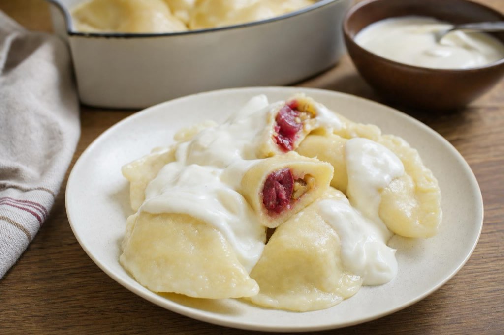 Potato pierogi with cherries and walnuts
