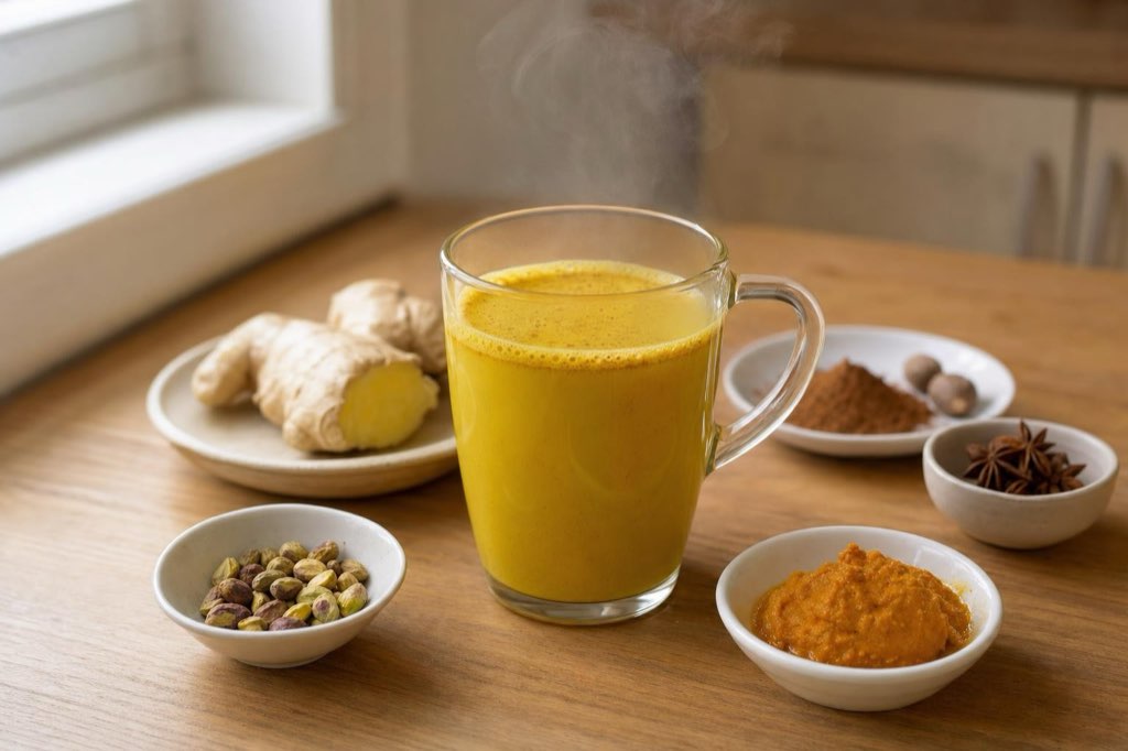 Golden milk with turmeric, ginger and cinnamon